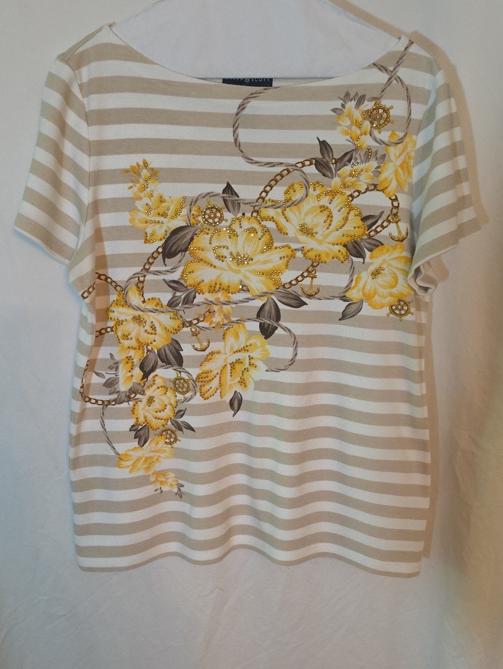 Karen Scott Beige & White Striped Short Sleeve Top with Yellow Floral Accent
